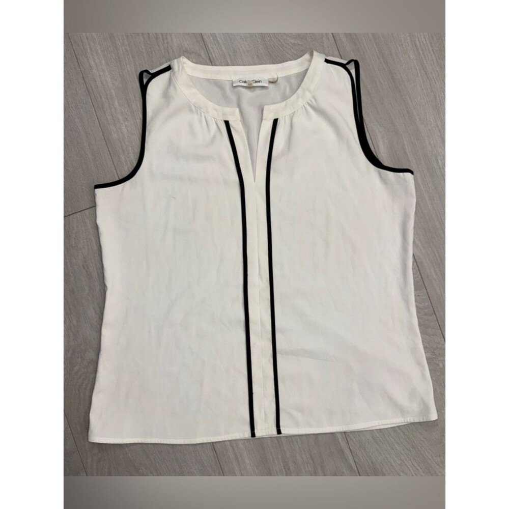 Calvin Klein White Sleeveless Shell with Black Piping